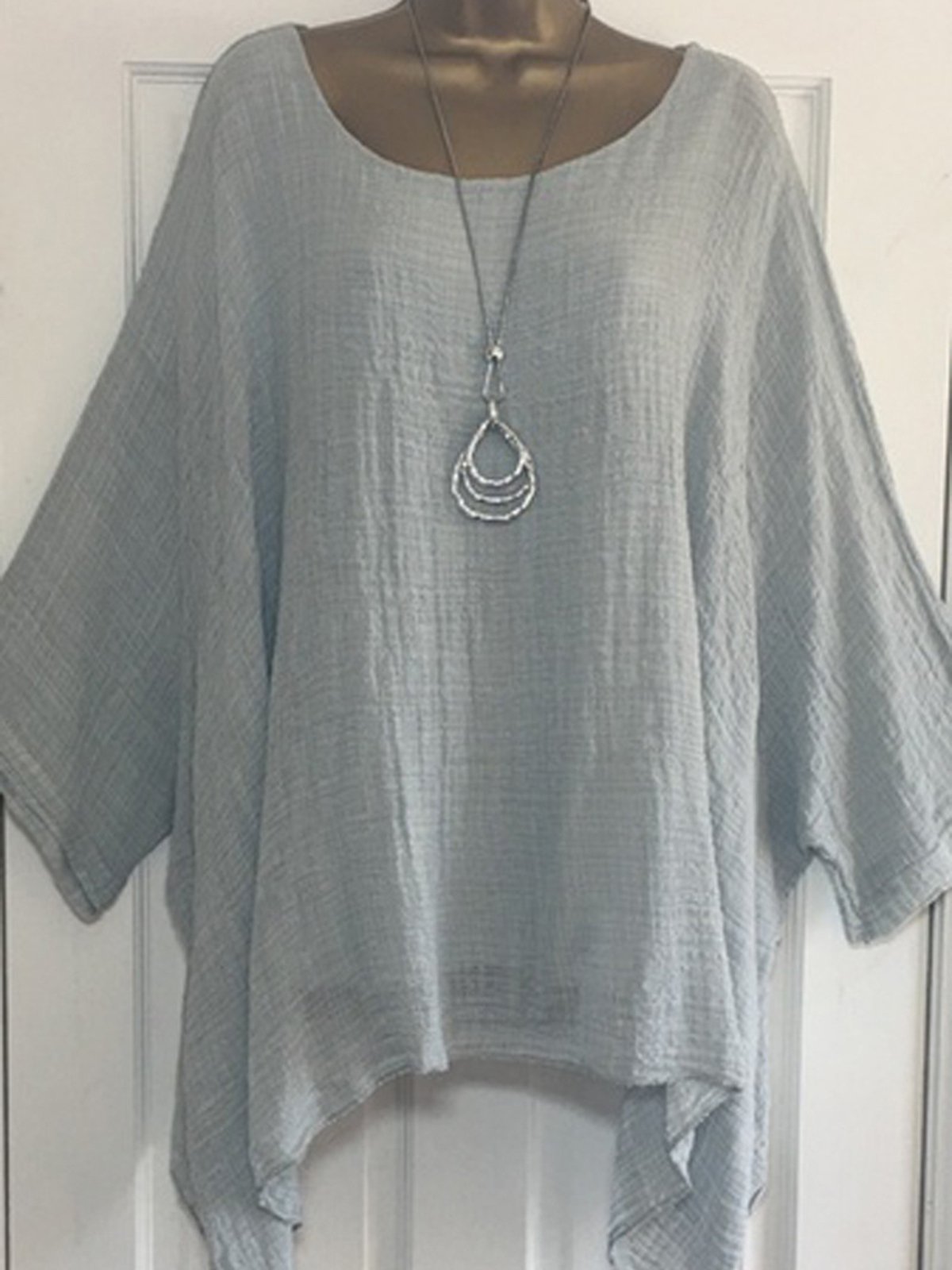 Cotton-Blend Loose Casual Solid Crew Neck Shirt & Blouses